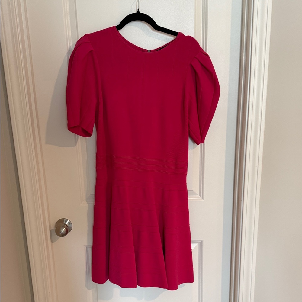 Ted Baker Hot Pink Midi Dress with Puff Sleeves